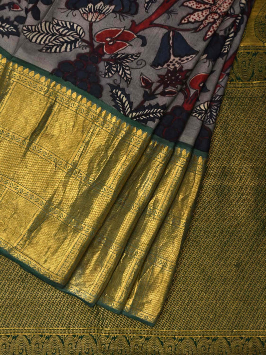 Grey and Green Kalamkari Hand Painted Kanchipuram Silk Handloom Saree with Floral Design KL0520