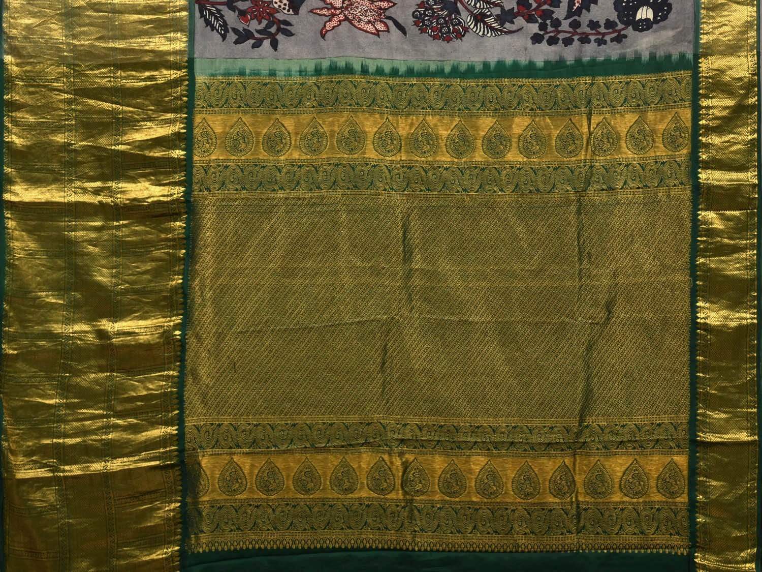 Grey and Green Kalamkari Hand Painted Kanchipuram Silk Handloom Saree with Floral Design KL0520