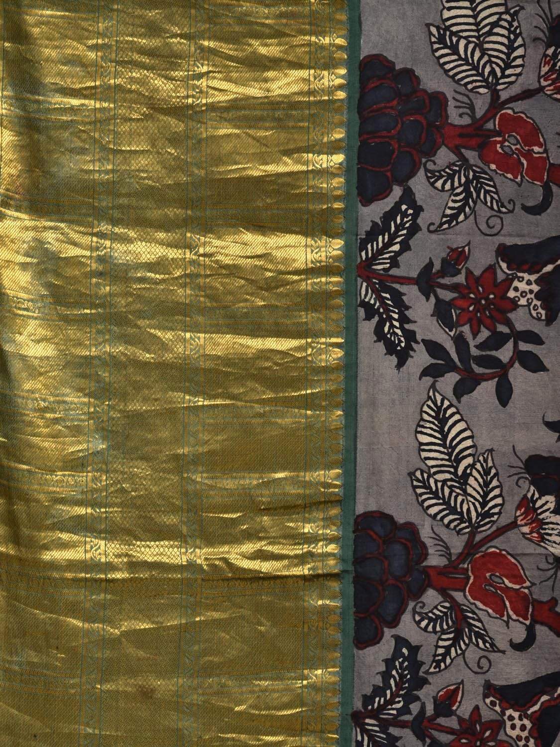 Grey and Green Kalamkari Hand Painted Kanchipuram Silk Handloom Saree with Floral Design KL0520