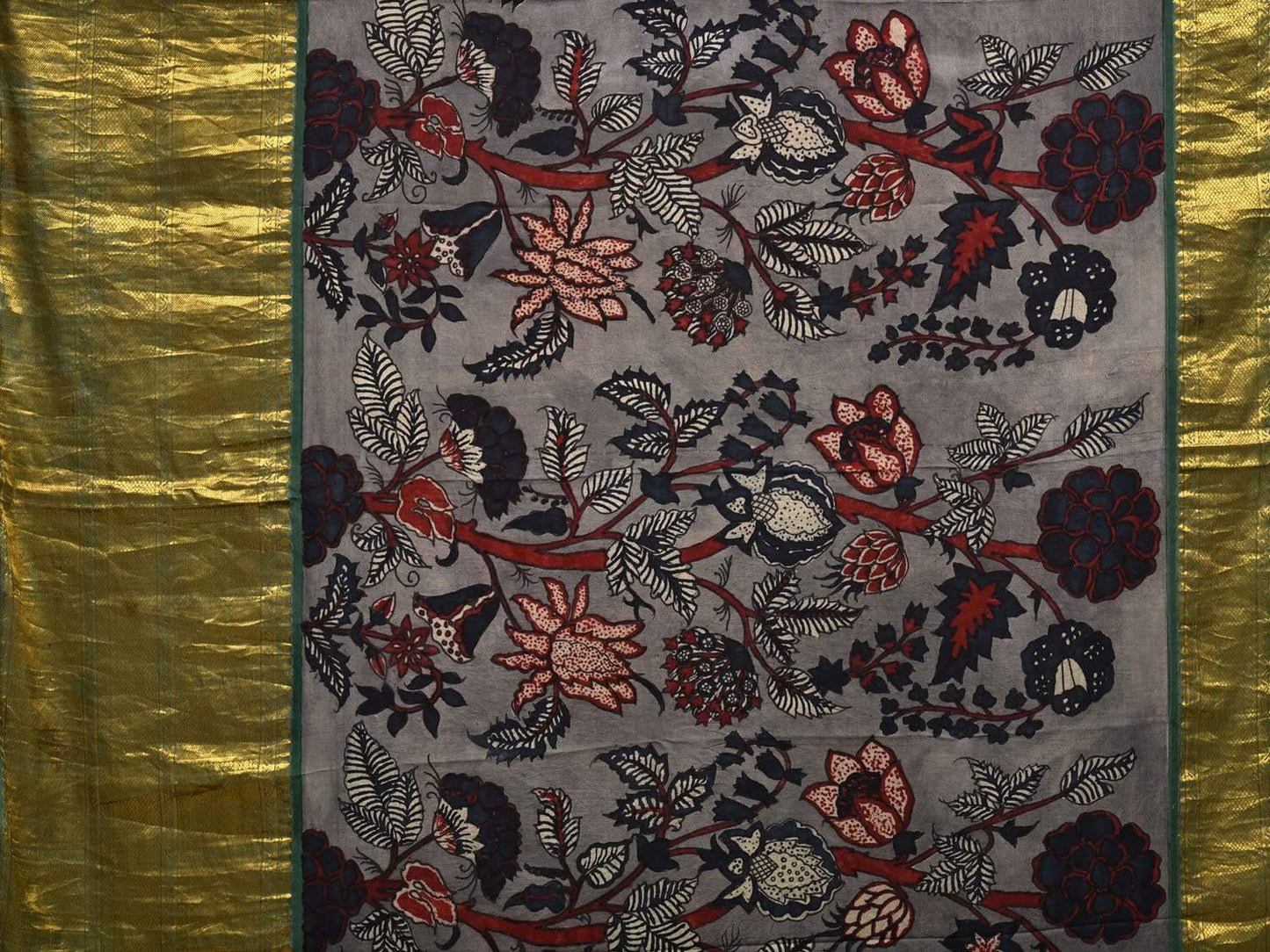 Grey and Green Kalamkari Hand Painted Kanchipuram Silk Handloom Saree with Floral Design KL0520