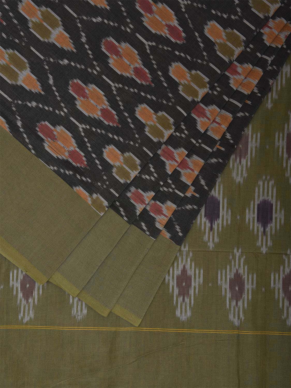 Grey and Green Pochampally Ikat Cotton Handloom Saree with All Over Body and Pallu Design i0897