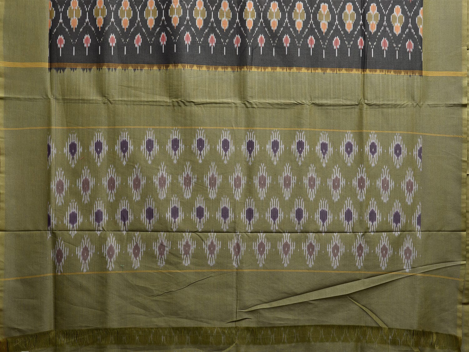 Grey and Green Pochampally Ikat Cotton Handloom Saree with All Over Body and Pallu Design i0897