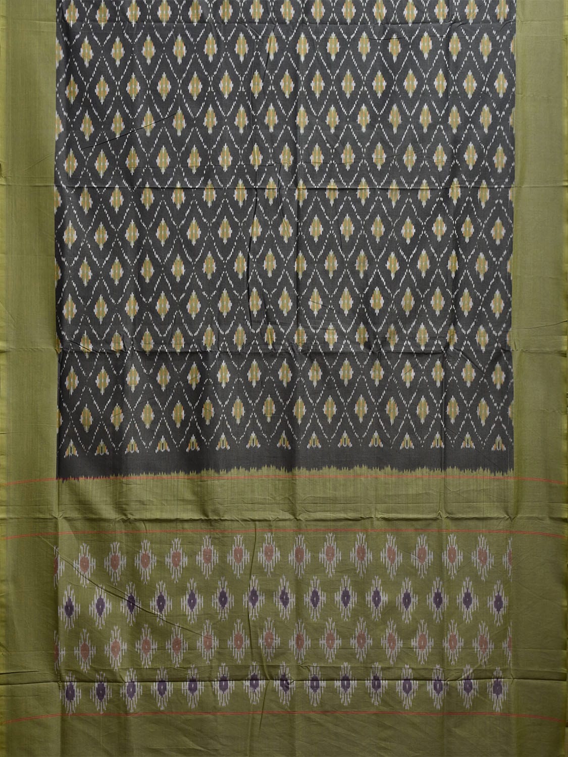 Grey and Green Pochampally Ikat Cotton Handloom Saree with All Over Body and Pallu Design i0899