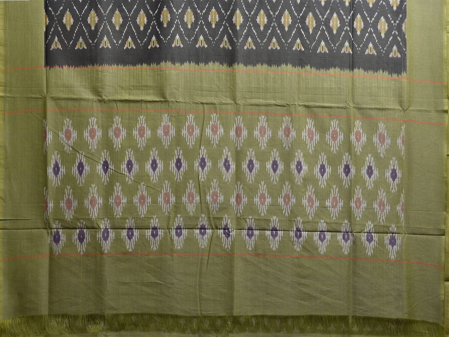 Grey and Green Pochampally Ikat Cotton Handloom Saree with All Over Body and Pallu Design i0899