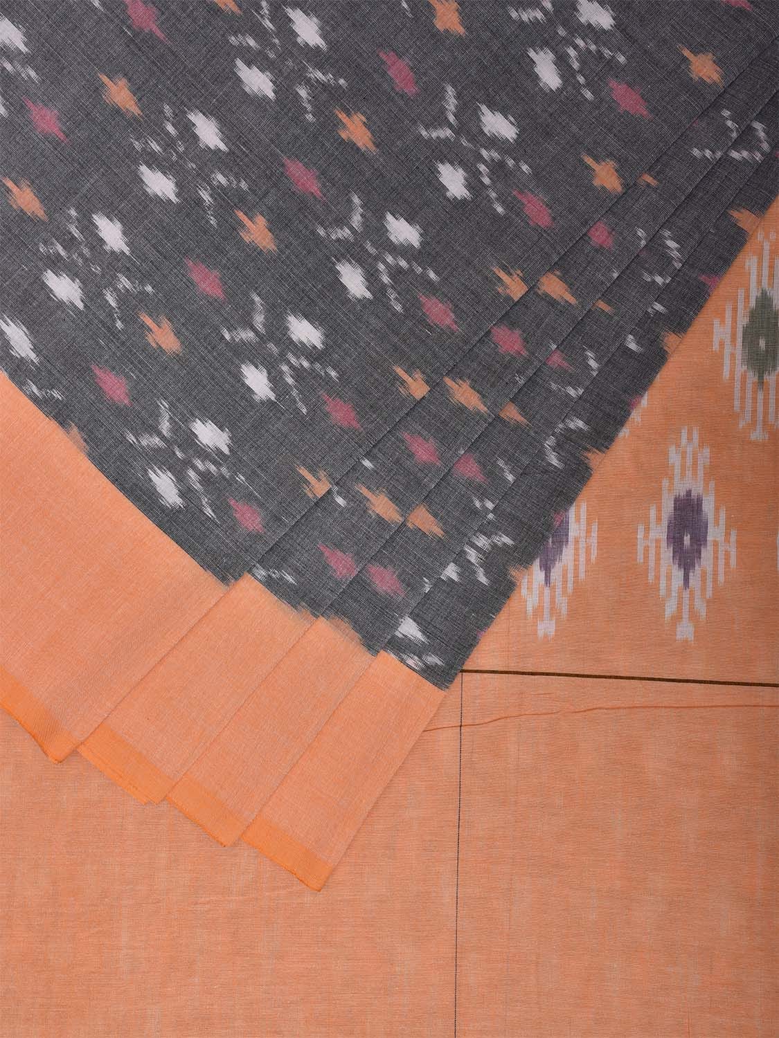 Grey and Light Orange Pochampally Ikat Cotton Handloom Saree with All Over Body and Pallu Design i0893