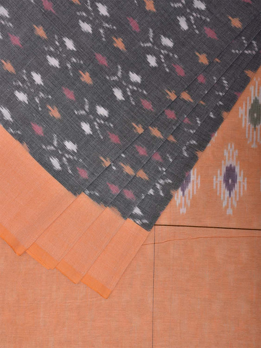 Grey and Light Orange Pochampally Ikat Cotton Handloom Saree with All Over Body and Pallu Design i0893