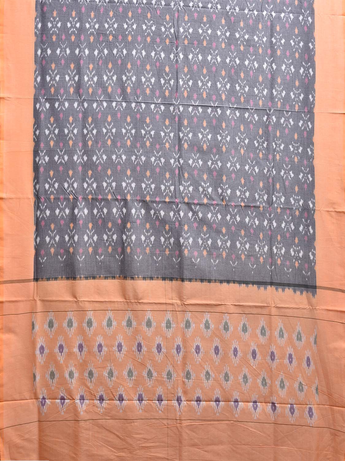 Grey and Light Orange Pochampally Ikat Cotton Handloom Saree with All Over Body and Pallu Design i0893