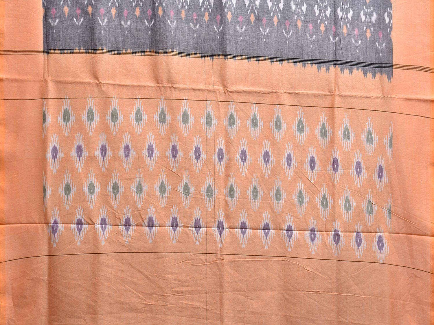 Grey and Light Orange Pochampally Ikat Cotton Handloom Saree with All Over Body and Pallu Design i0893
