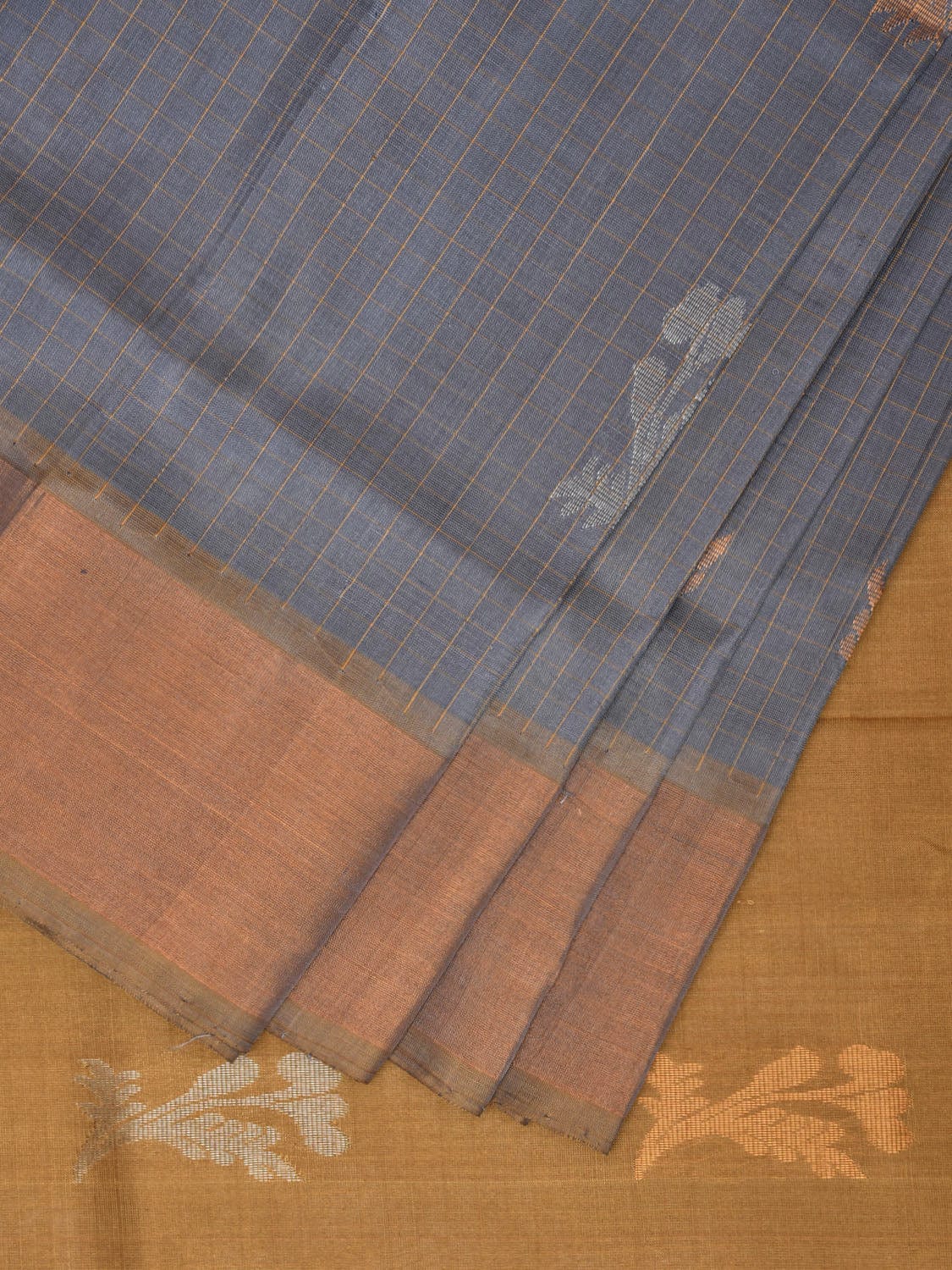 Grey and Light Yellow Uppada Plain Silk Handloom Saree with Buta and Contrast Pallu Design u2239