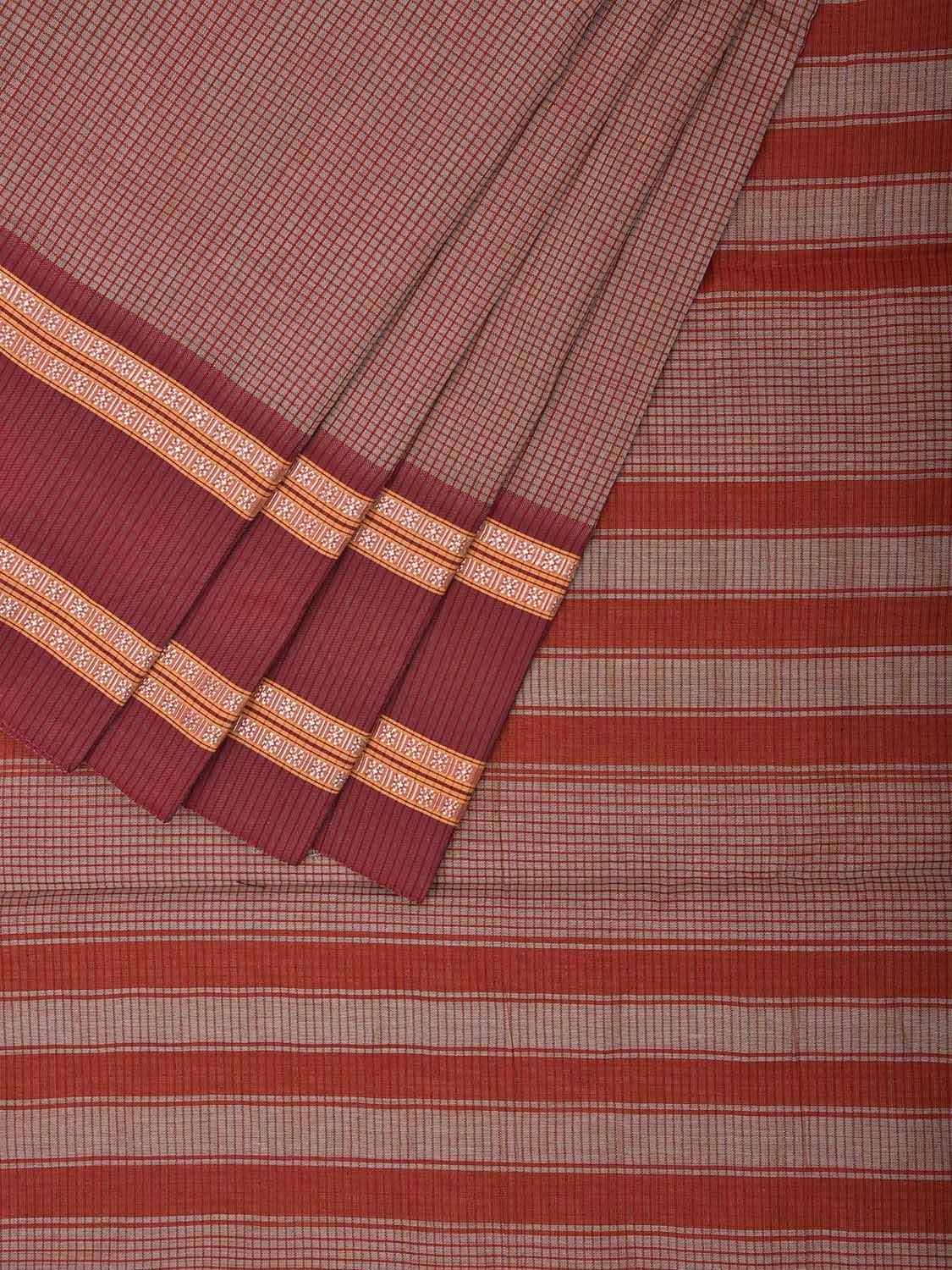 Grey and Maroon Bamboo Cotton Saree with Small Checks and Strips Pallu Design No Blouse bc0587