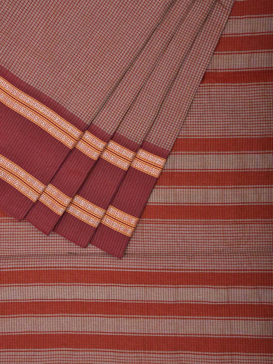 Grey and Maroon Bamboo Cotton Saree with Small Checks and Strips Pallu Design No Blouse bc0587