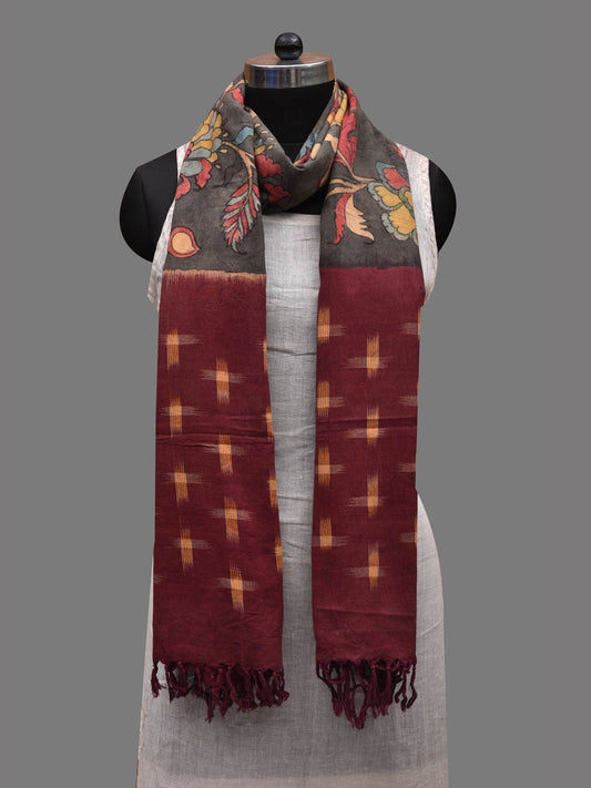 Grey and Maroon Kalamkari Hand Painted Ikat Cotton Handloom Dupatta with Floral Design ds2615