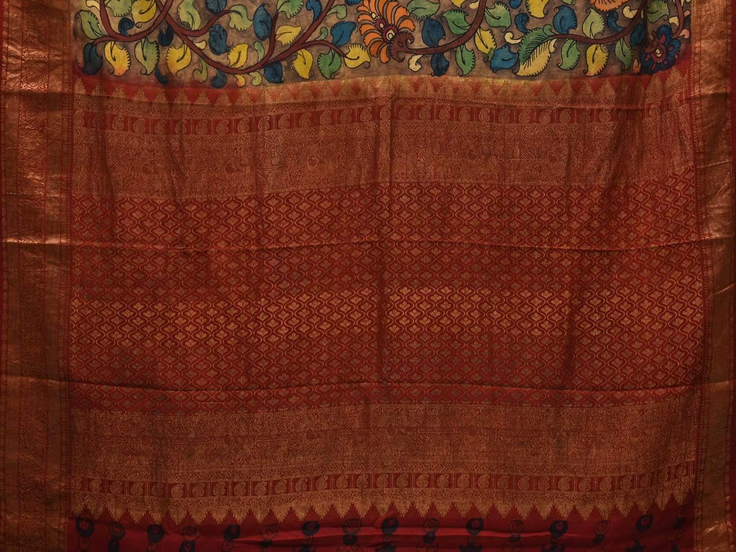 Grey and Maroon Kalamkari Hand Painted Kanchipuram Silk Handloom Saree with Floral Design KL0545