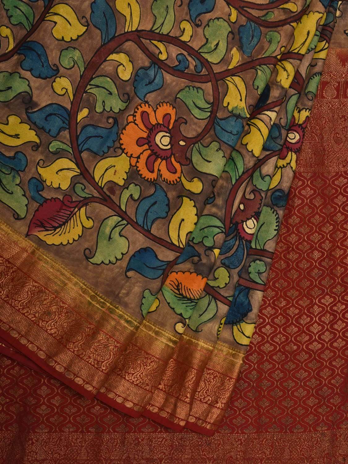 Grey and Maroon Kalamkari Hand Painted Kanchipuram Silk Handloom Saree with Floral Design KL0545