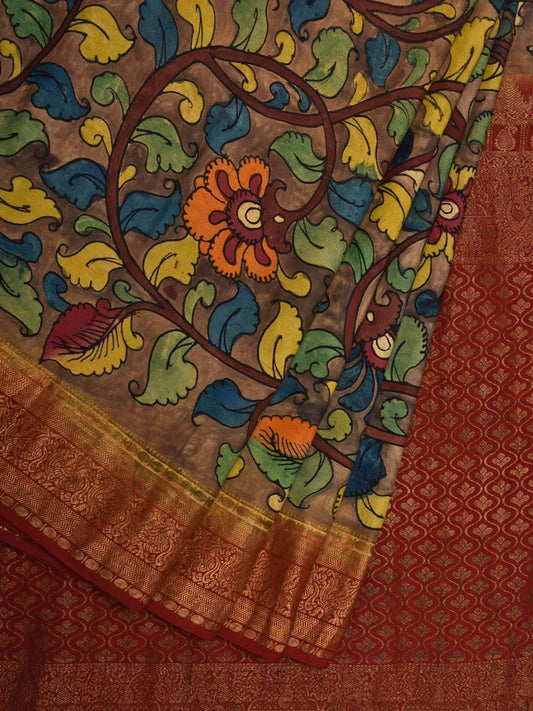 Grey and Maroon Kalamkari Hand Painted Kanchipuram Silk Handloom Saree with Floral Design KL0545