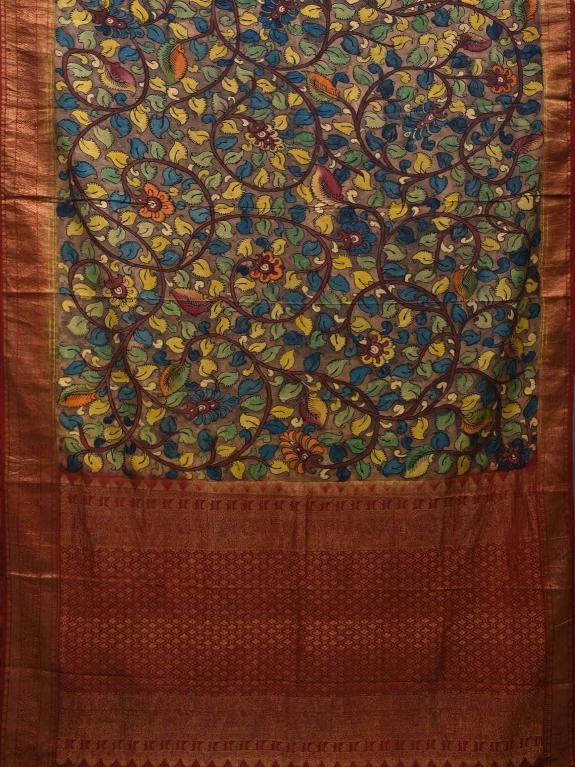 Grey and Maroon Kalamkari Hand Painted Kanchipuram Silk Handloom Saree with Floral Design KL0545
