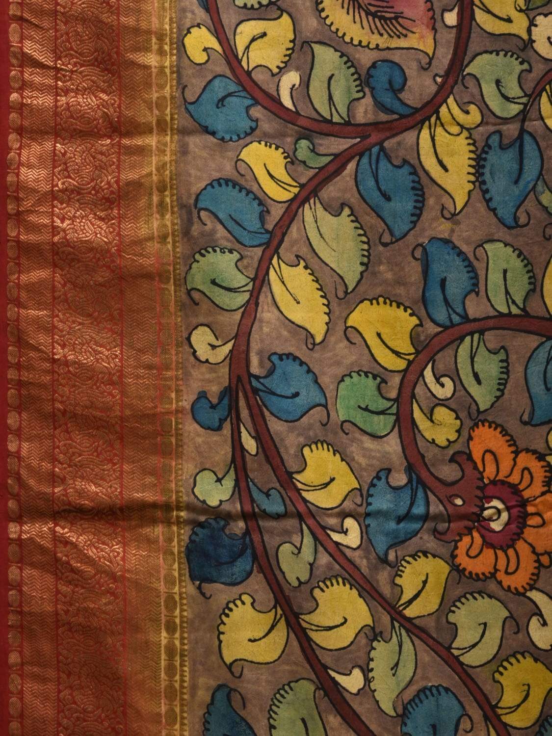 Grey and Maroon Kalamkari Hand Painted Kanchipuram Silk Handloom Saree with Floral Design KL0545
