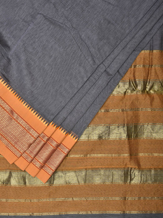 Grey and Mustard Bamboo Cotton Plain Saree with Zari Border Design bc0096