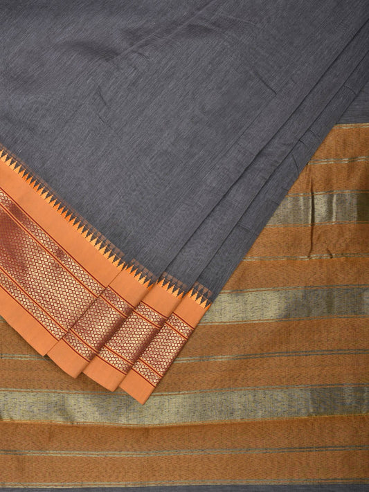 Grey and Mustard Bamboo Cotton Plain Saree with Zari Border Design bc0107