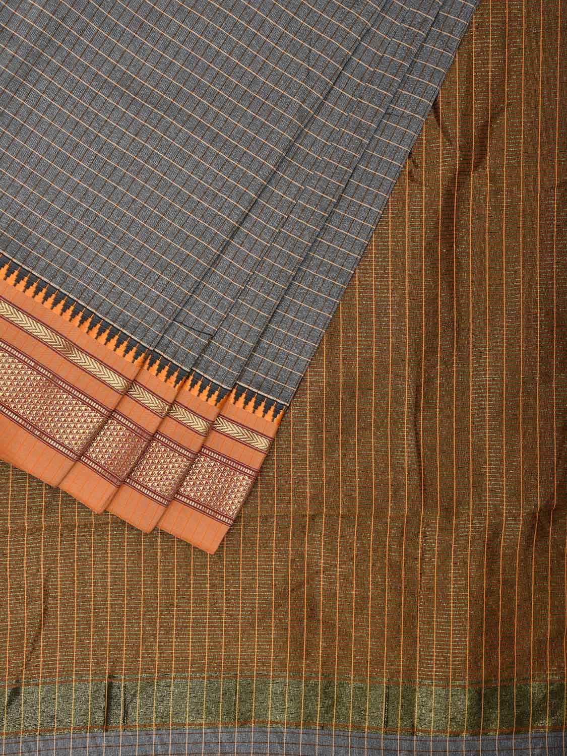 Grey and Mustard Bamboo Cotton Viscose Silk Saree with Checks and Contrast Pallu Design No Blouse bc0581
