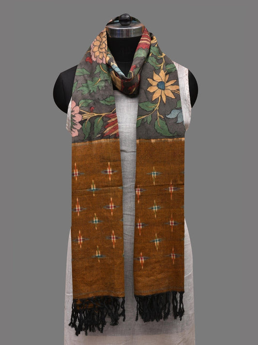 Grey and Mustard Kalamkari Hand Painted Ikat Cotton Handloom Dupatta with Floral and Birds Design ds2613