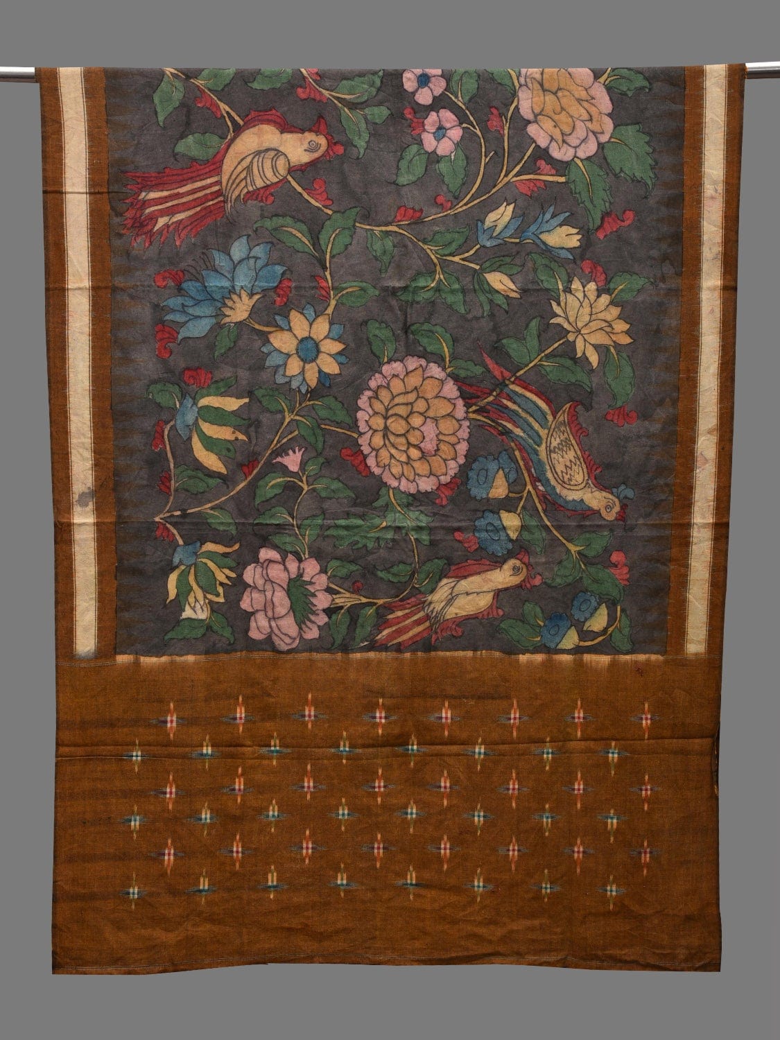 Grey and Mustard Kalamkari Hand Painted Ikat Cotton Handloom Dupatta with Floral and Birds Design ds2613
