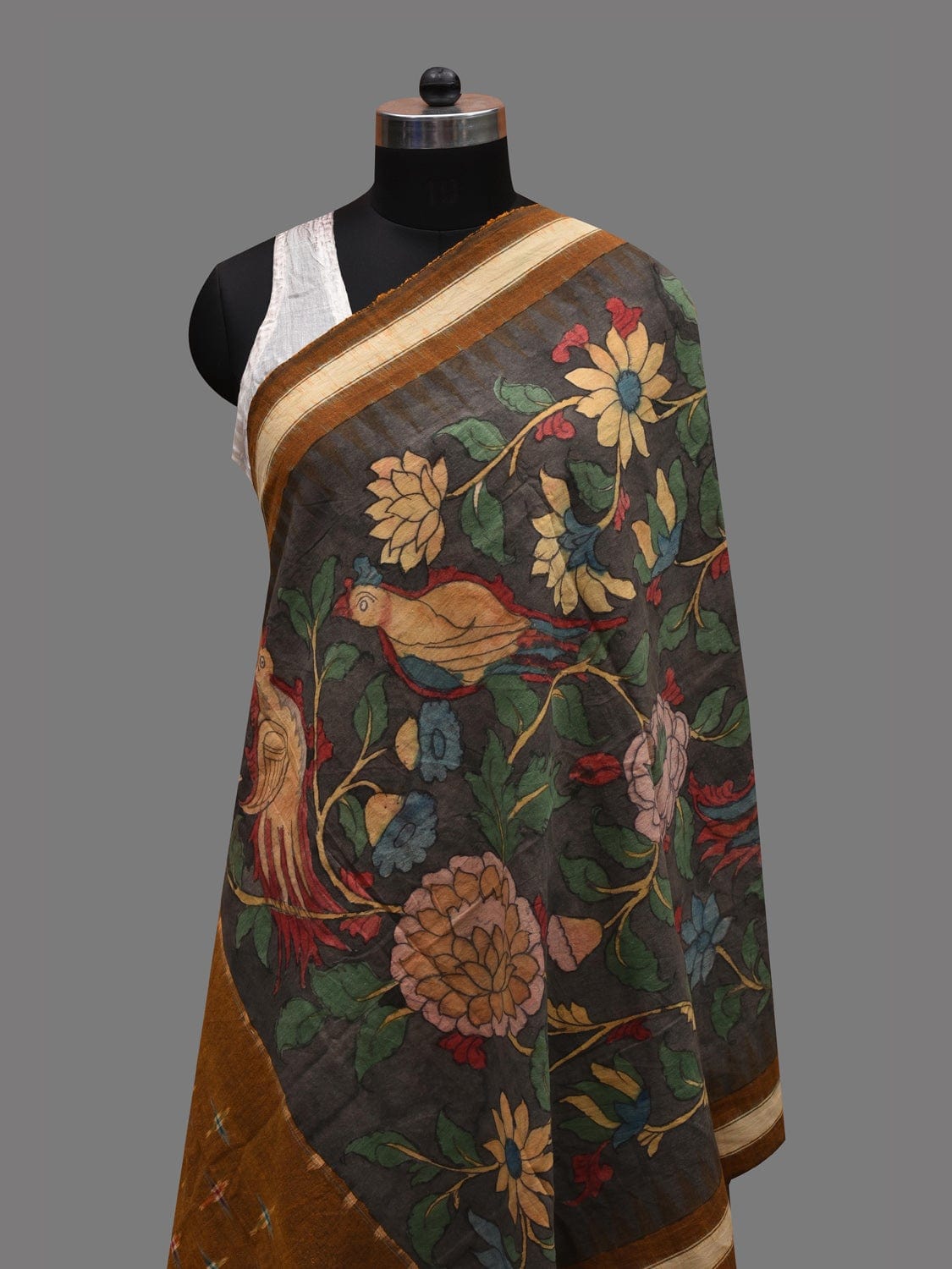 Grey and Mustard Kalamkari Hand Painted Ikat Cotton Handloom Dupatta with Floral and Birds Design ds2613