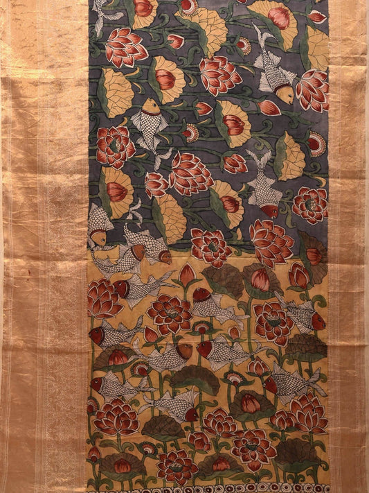 Grey and Mustard Kalamkari Hand Painted Kanchipuram Silk Handloom Saree with Fish and Lotus Design KL0701