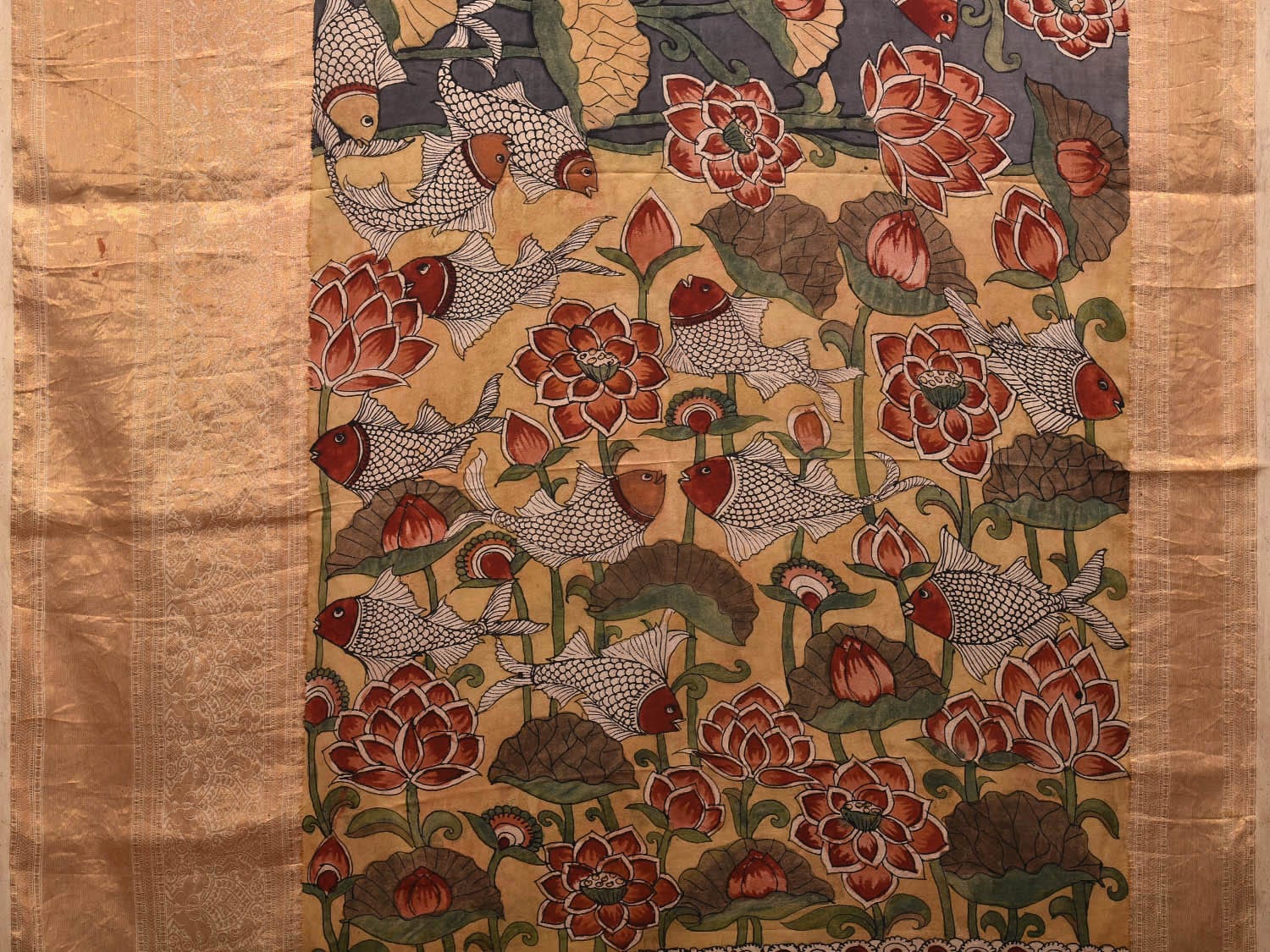 Grey and Mustard Kalamkari Hand Painted Kanchipuram Silk Handloom Saree with Fish and Lotus Design KL0701