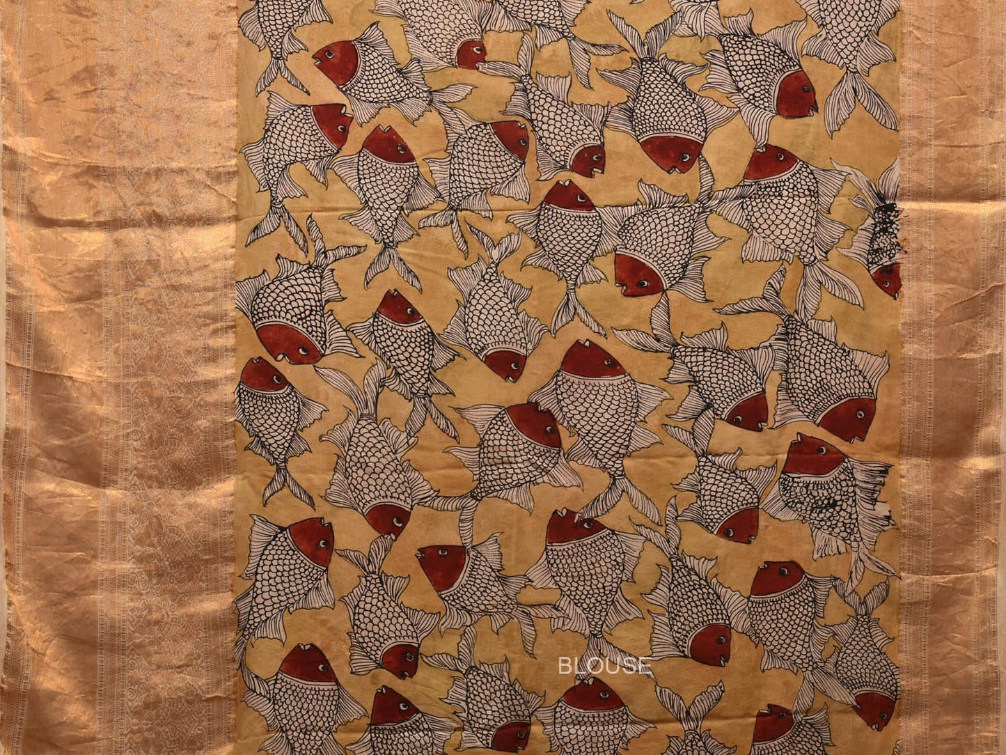 Grey and Mustard Kalamkari Hand Painted Kanchipuram Silk Handloom Saree with Fish and Lotus Design KL0701