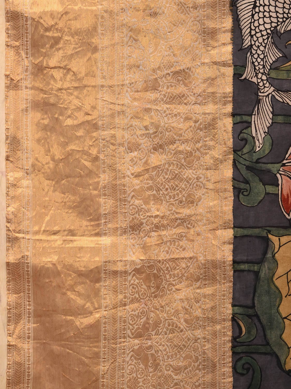 Grey and Mustard Kalamkari Hand Painted Kanchipuram Silk Handloom Saree with Fish and Lotus Design KL0701