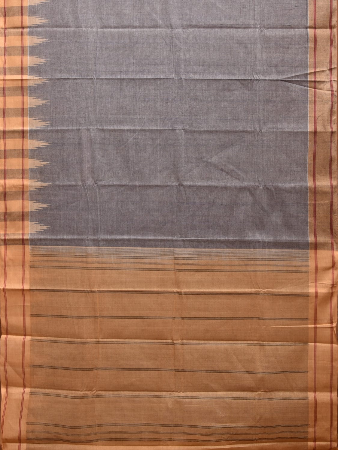 Grey and Mustard Kanchipuram Cotton Handloom Saree with Temple Border Design k0544