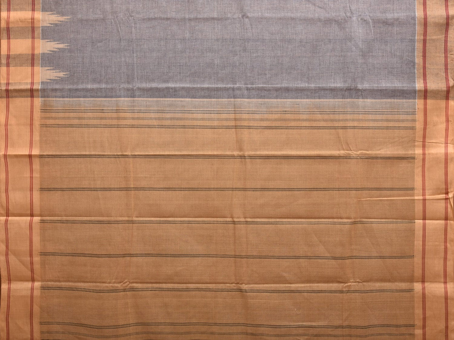 Grey and Mustard Kanchipuram Cotton Handloom Saree with Temple Border Design k0544