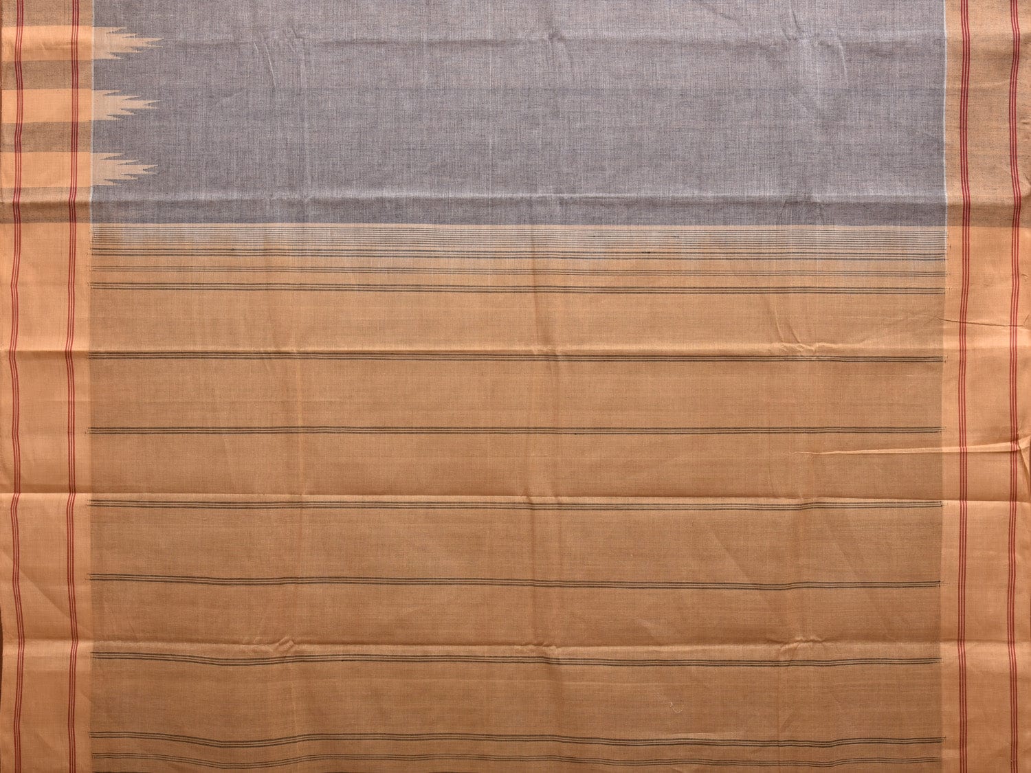 Grey and Mustard Kanchipuram Cotton Handloom Saree with Temple Border Design k0544