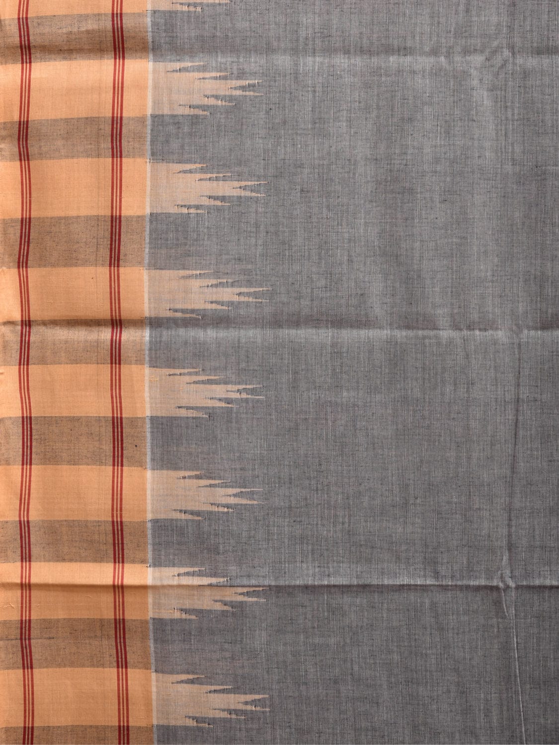 Grey and Mustard Kanchipuram Cotton Handloom Saree with Temple Border Design k0544