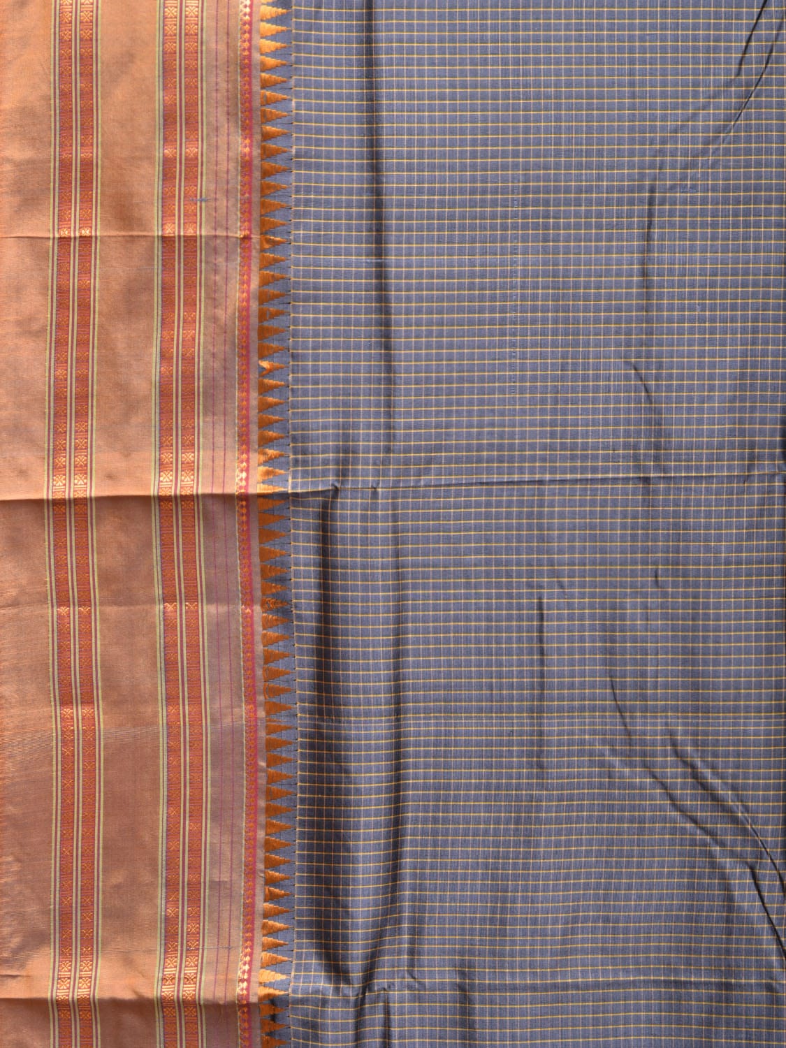 Grey and Mustard Narayanpet Silk Handloom Saree with Checks Design No Blouse np0744