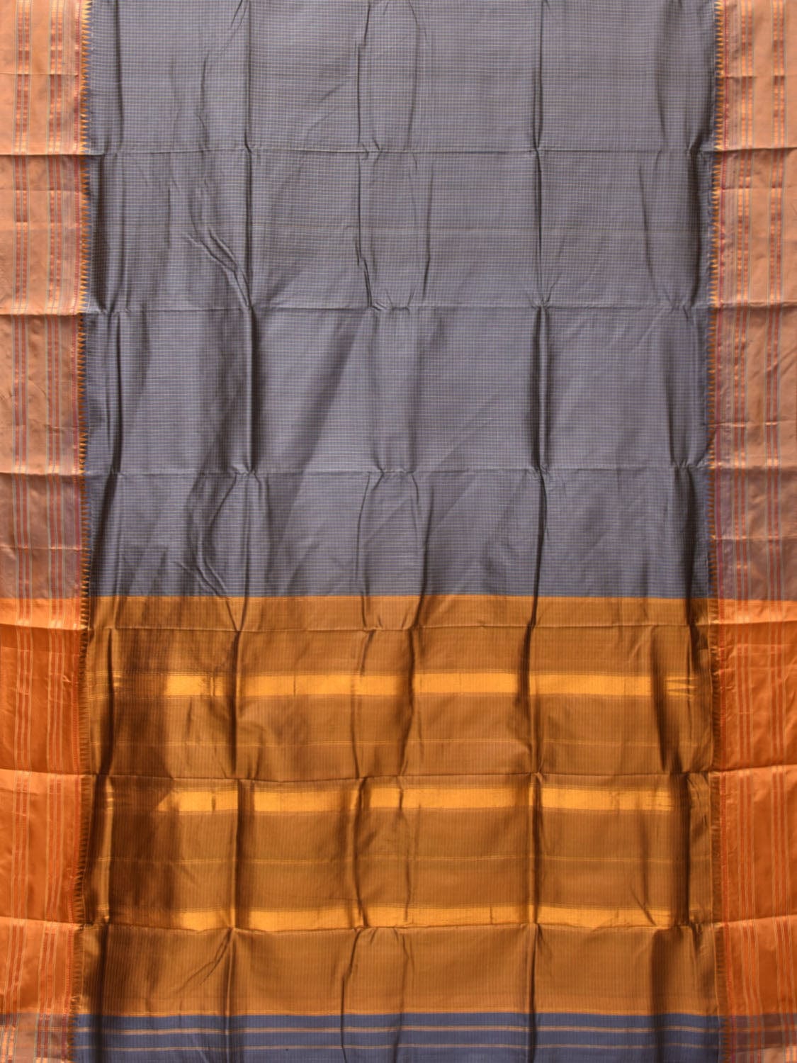 Grey and Mustard Narayanpet Silk Handloom Saree with Checks Design No Blouse np0744