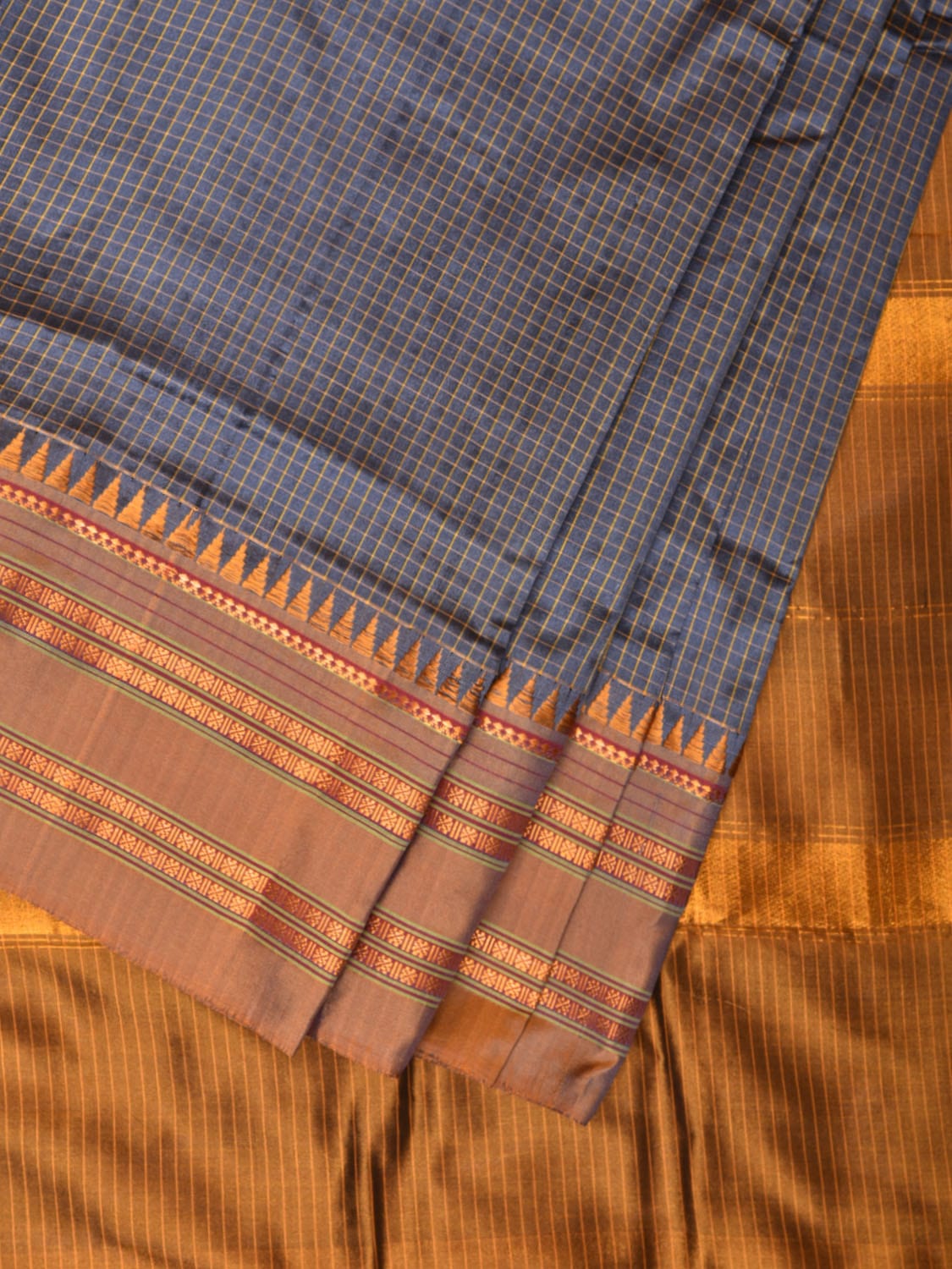 Grey and Mustard Narayanpet Silk Handloom Saree with Checks Design No Blouse np0744