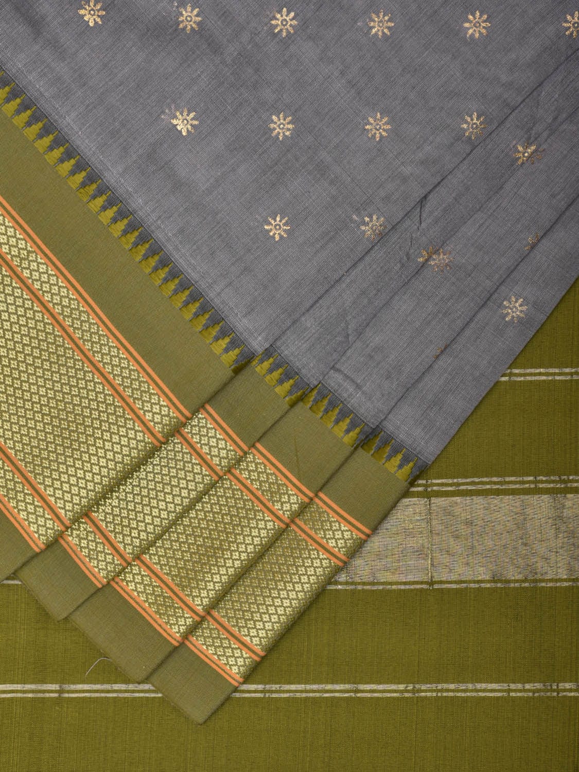 Grey and Olive Bamboo Cotton Saree with Printed Buta and Strips Pallu Design No Blouse bc0309
