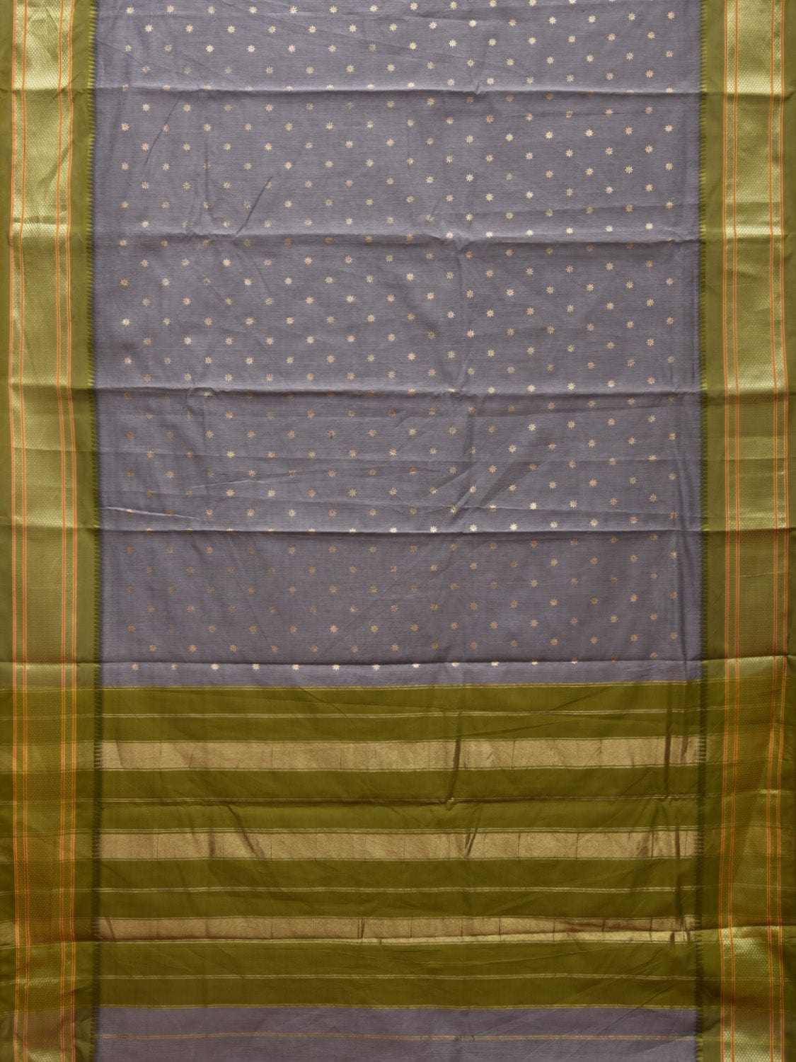 Grey and Olive Bamboo Cotton Saree with Printed Buta and Strips Pallu Design No Blouse bc0309