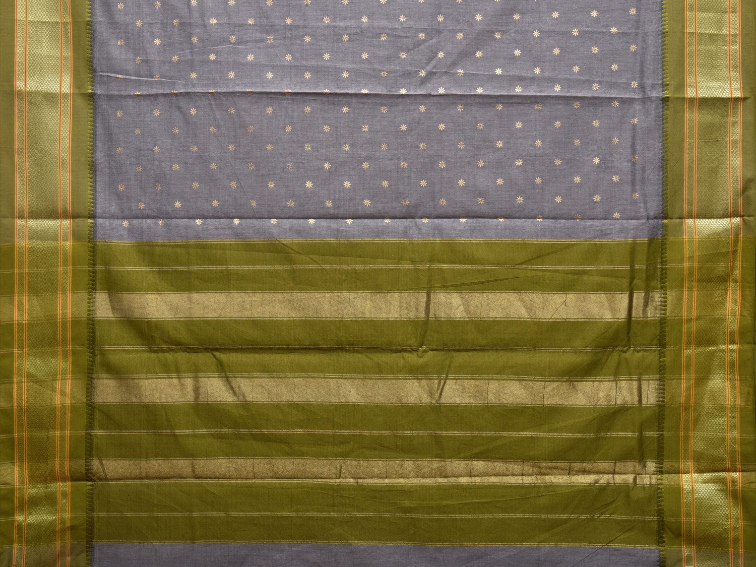 Grey and Olive Bamboo Cotton Saree with Printed Buta and Strips Pallu Design No Blouse bc0309