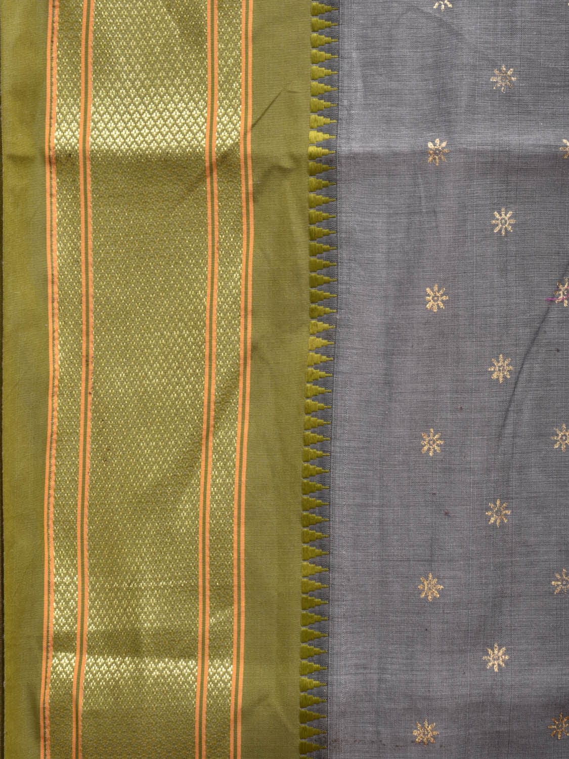 Grey and Olive Bamboo Cotton Saree with Printed Buta and Strips Pallu Design No Blouse bc0309