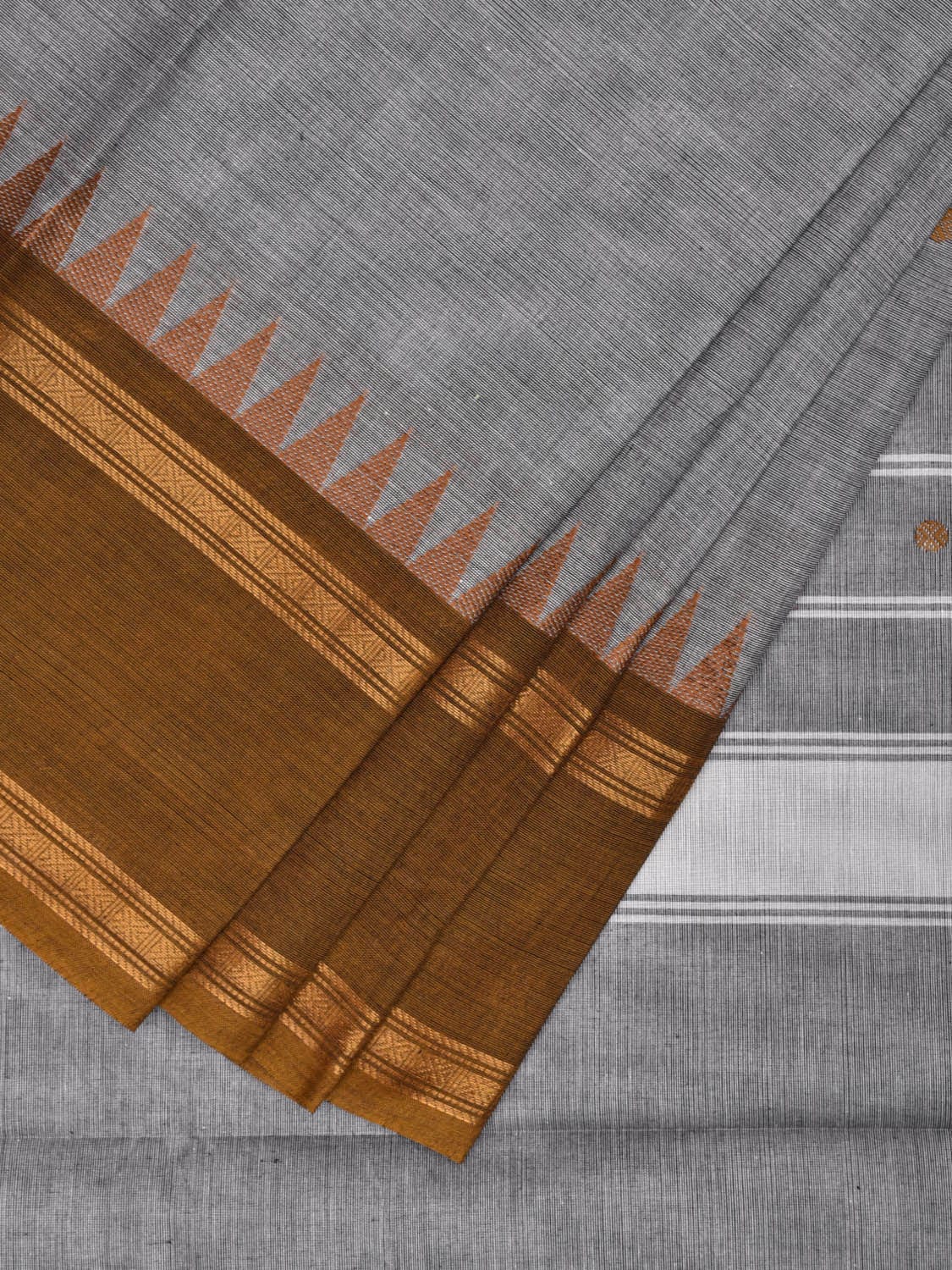Grey and Olive Kanchipuram Cotton Saree with Strips Pallu and Temple Border Design k0730