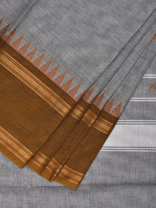 Grey and Olive Kanchipuram Cotton Saree with Strips Pallu and Temple Border Design k0730
