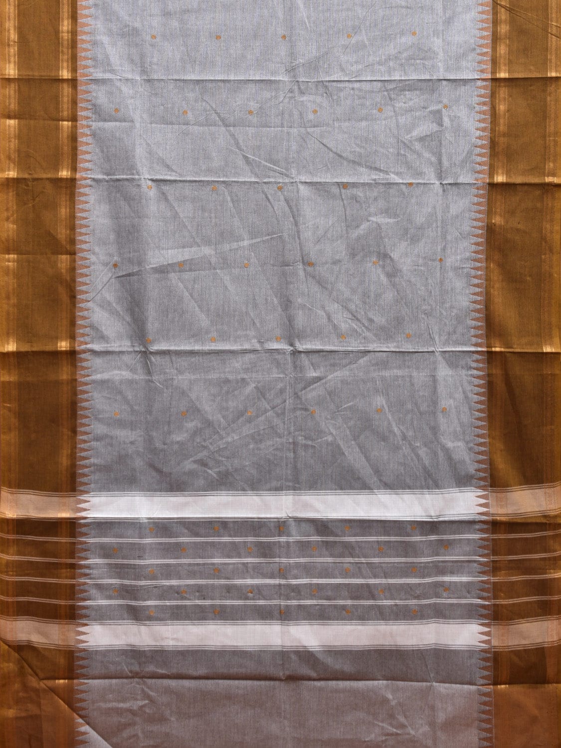 Grey and Olive Kanchipuram Cotton Saree with Strips Pallu and Temple Border Design k0730