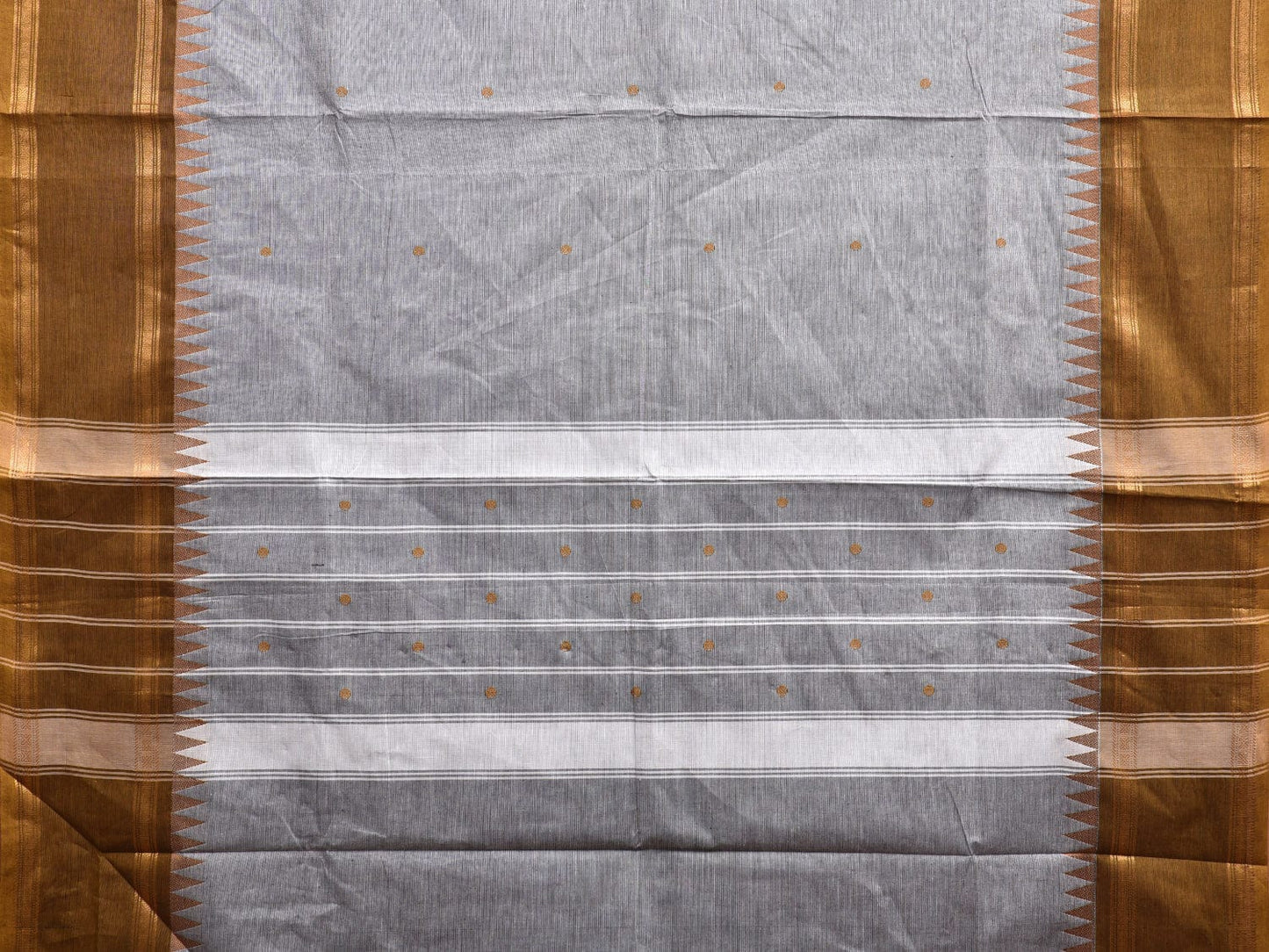 Grey and Olive Kanchipuram Cotton Saree with Strips Pallu and Temple Border Design k0730