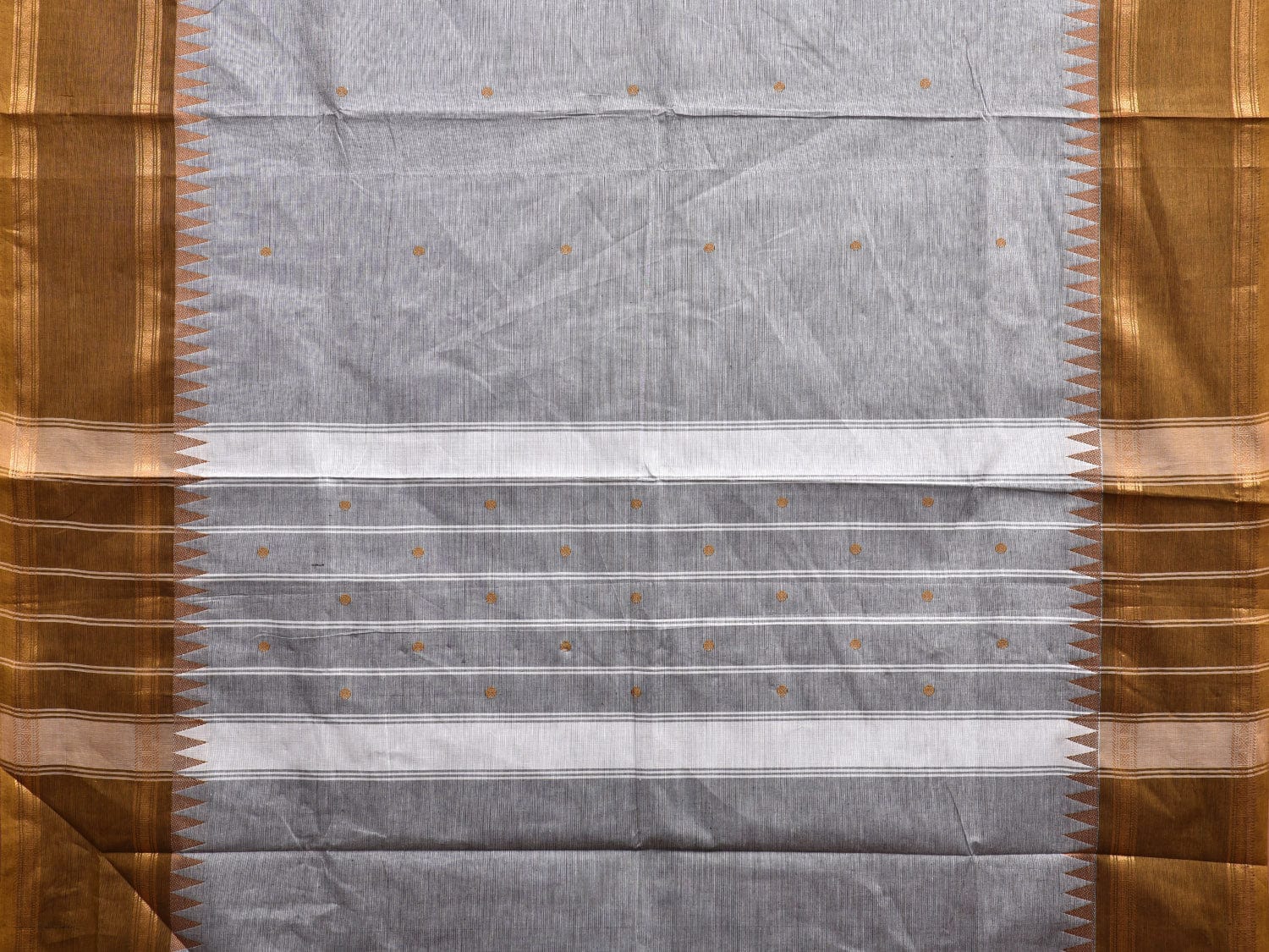 Grey and Olive Kanchipuram Cotton Saree with Strips Pallu and Temple Border Design k0730