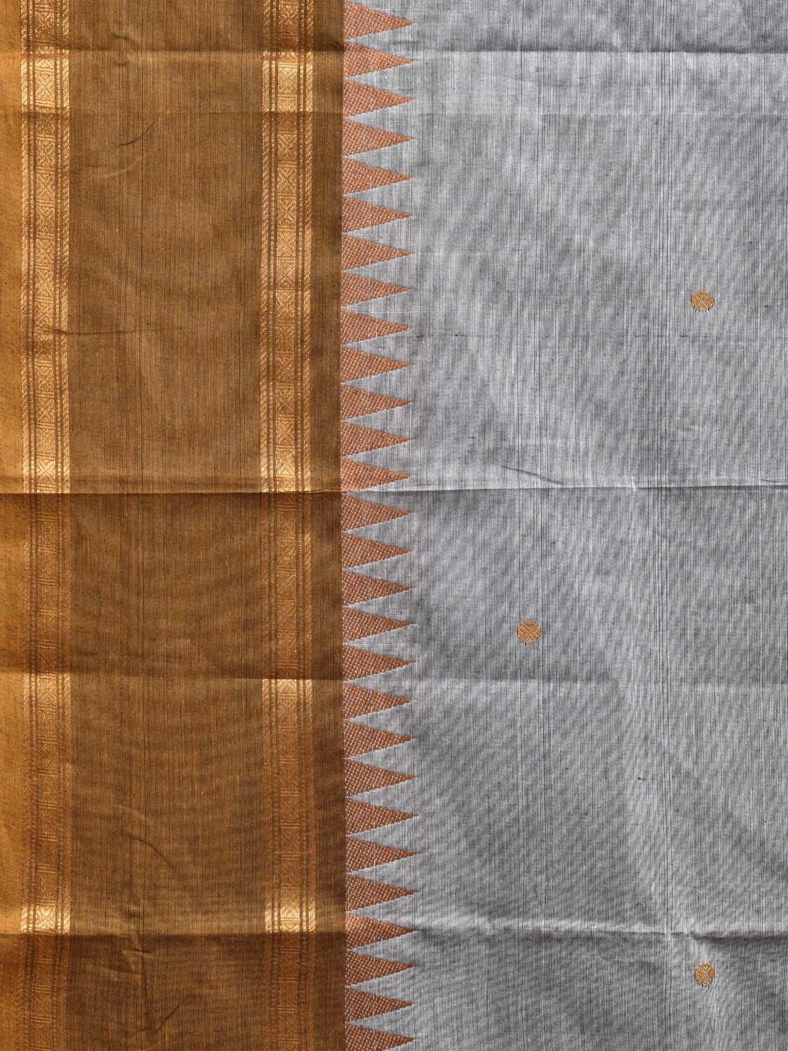 Grey and Olive Kanchipuram Cotton Saree with Strips Pallu and Temple Border Design k0730