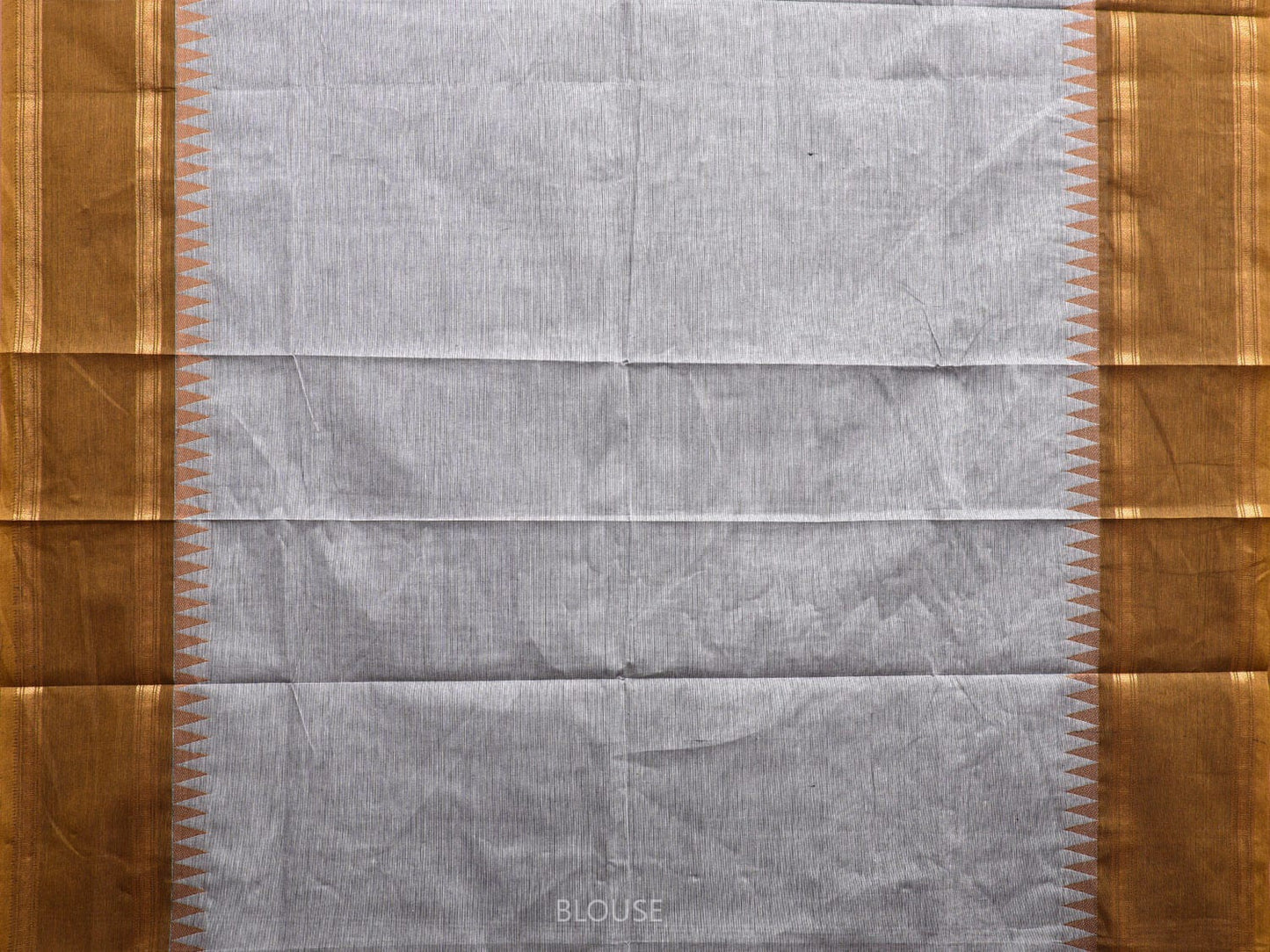 Grey and Olive Kanchipuram Cotton Saree with Strips Pallu and Temple Border Design k0730