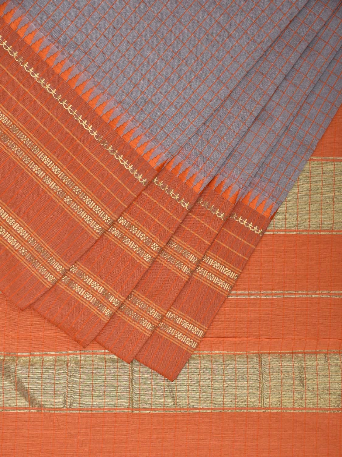 Grey and Orange Bamboo Cotton Viscose Silk Saree with Checks Design No Blouse bc0367